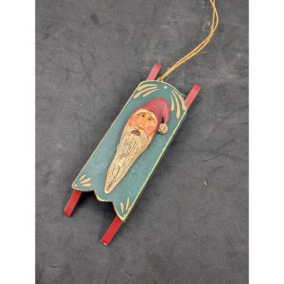 Ornament sled Santa Claus Folk Art Wood  5" - Picture 4 of 10